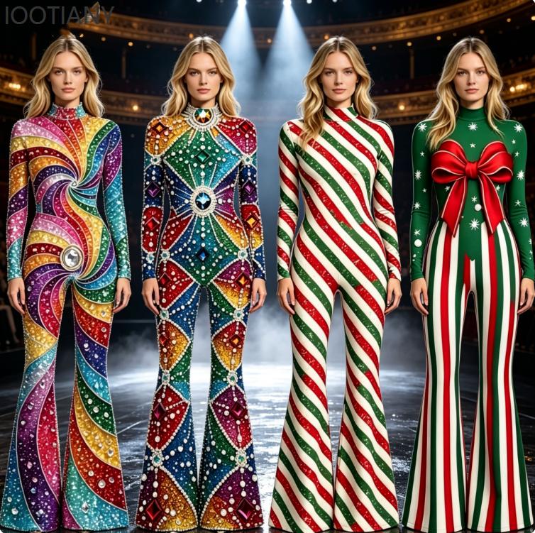 Women Christmas Flare Jumpsuit Candy Cane Snowflake Pattern Bell Bottom Skull Bodysuit Halloween Xmas Clubwear Party Costume