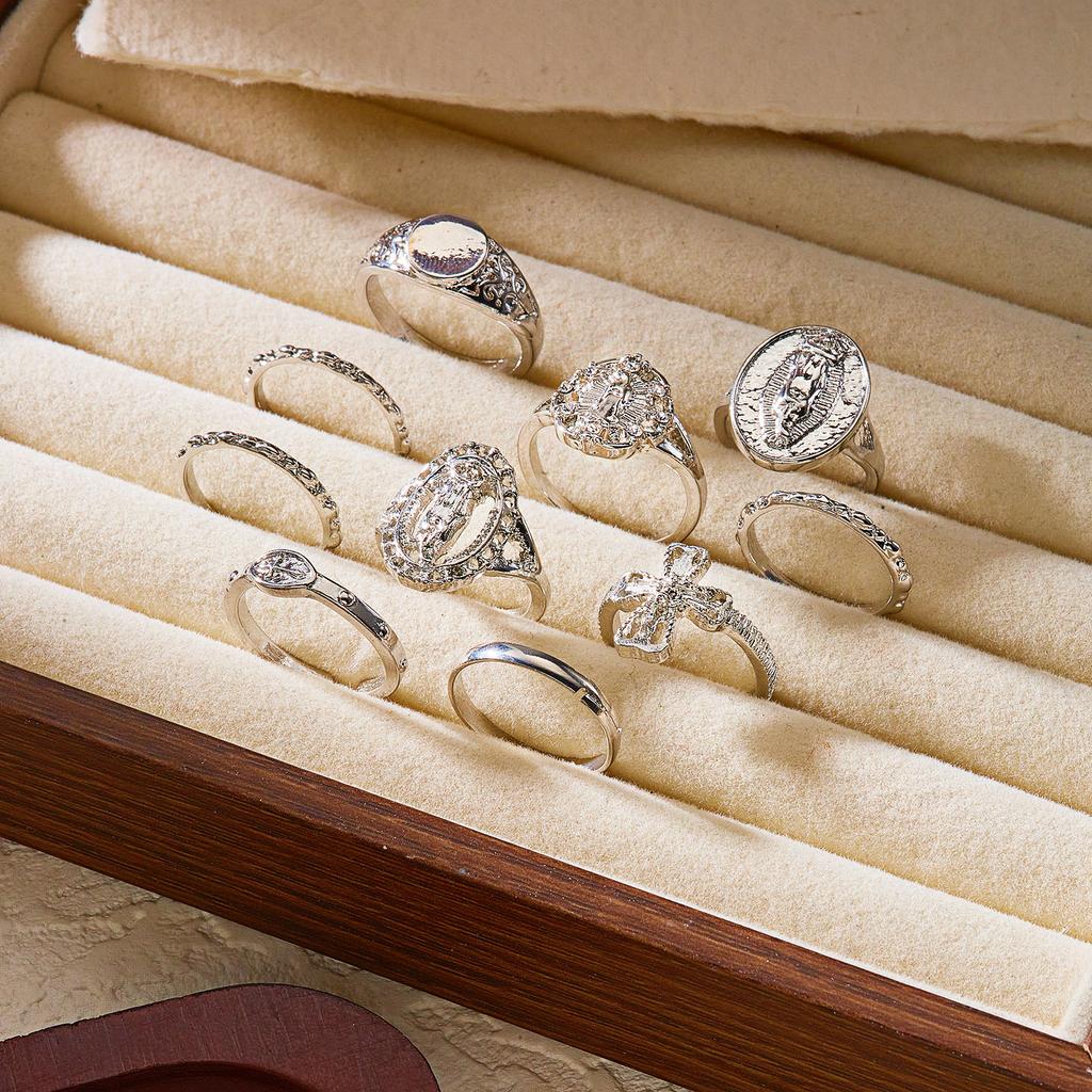 10Pcs/Set Vintage Irregular Textured Ring Set For Women Gold Plated Tiger Eye Sun Cross Geometric Knuckle Join Rings Jewelry