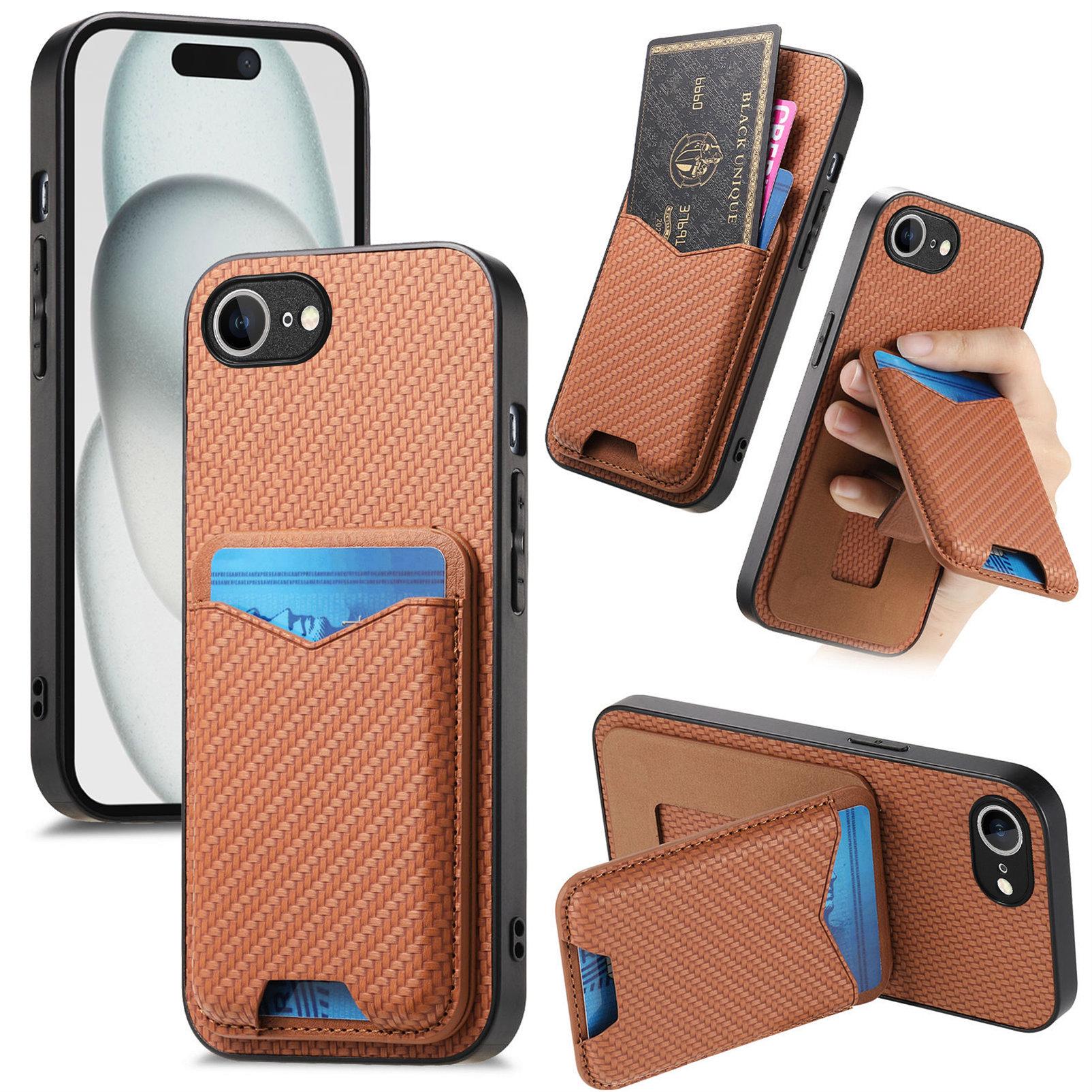 

For iPhone 16e Case Card Holder Kickstand Carbon Fiber Texture Back Cover C
