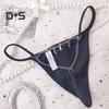 Damen G-String mit niedriger Taille, Kettendekor, elastisch, einfarbig, kleiner Buchstabenanhänger, durchsichtige Spitze, weich, antiseptisch, atmungsaktiv, sexy Damen-Tanga