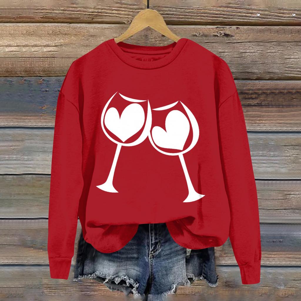 Damskie bluzy z nadrukiem na Walentynki, długim rękawem i okrągłym dekoltem, z nadrukiem ...