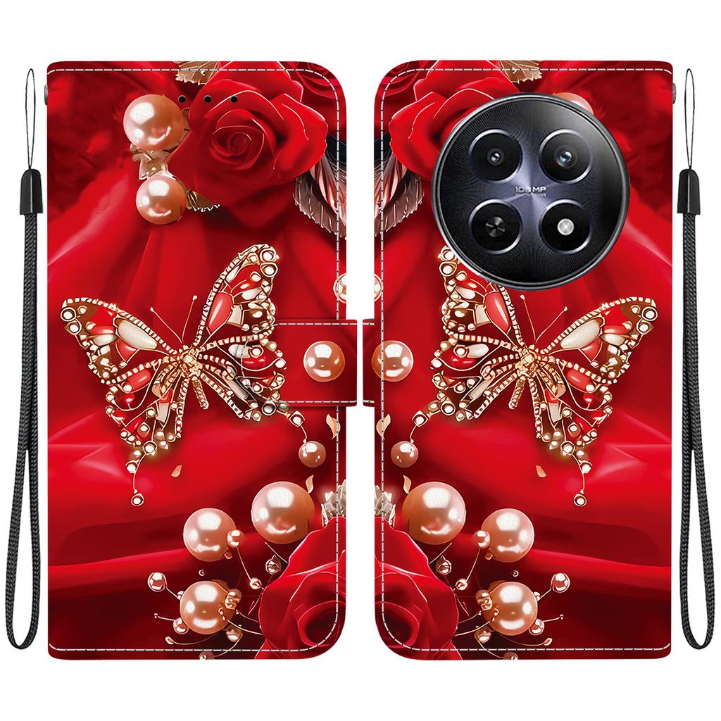 Handmade PU Leather Flip Case for Realme 12 (5G/RMX3999) Anti-Slip Shockproof Cover with Wrist Strap & Heart/Rose Cat Designs