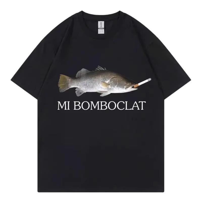 

Funny Mi Bomboclat Fish Meme Short Sleeved T-shirt for Male and Female College Students Couple Outfit Pure Cotton TEE - Men s... S разноцветный