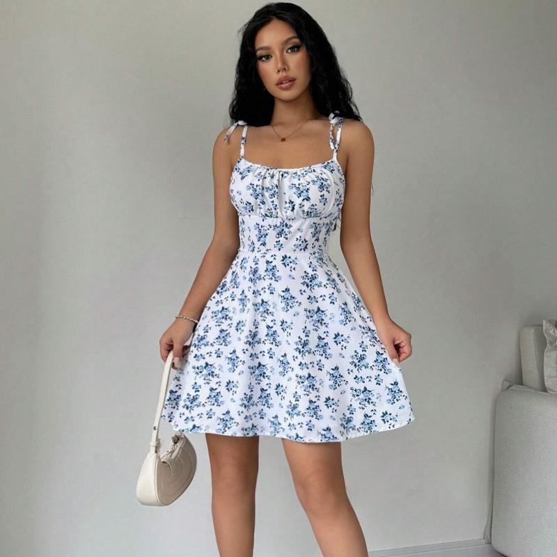 2025 Summer New Style, European and American Women's Clothing, Floral Camisole Skirt, Short Dress, Square Neck, Gentle Style Short Skirt