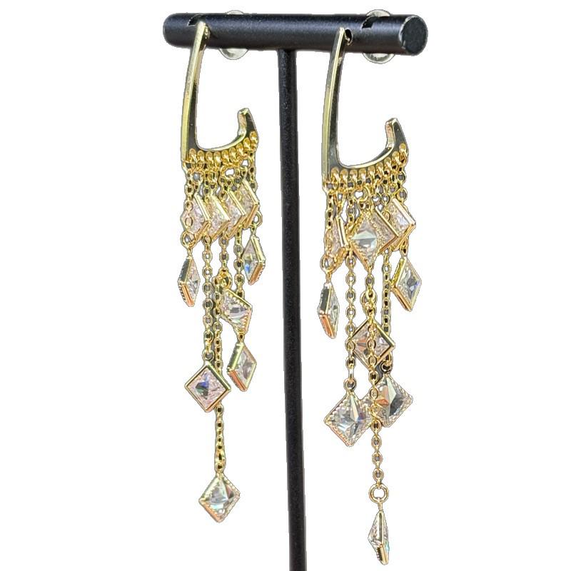 Used Silver Zircon Tassel Rhombus Earrings - Fashionable, Retro, Versatile, High-End Luxury for Women
