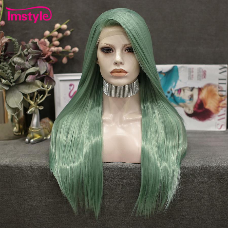

Imstyle, прямые черные парики, синтетический парик спереди, длинные волосы, термостойкое волокно, зеленые парики для женщин, повседневный парик для косплея Lace Front