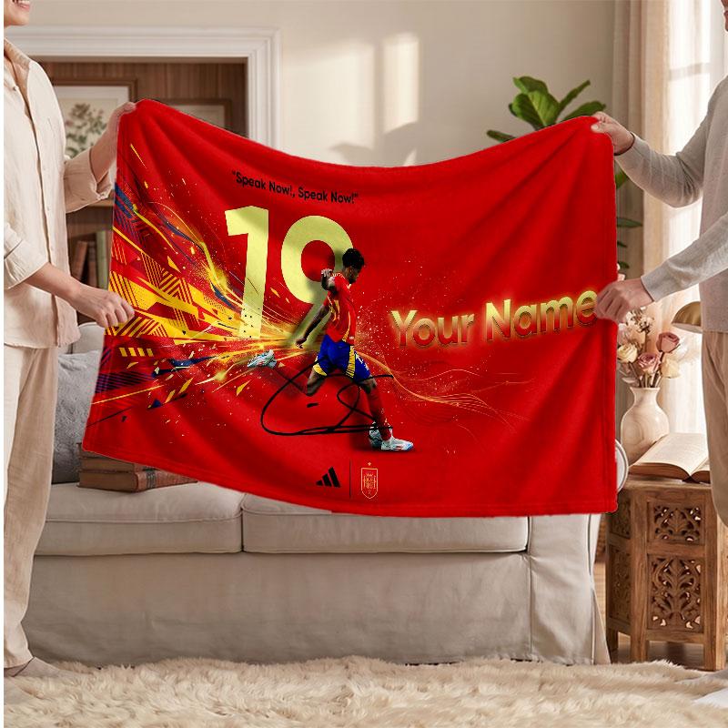 Lamine Yamal Personalisierte Fleecedecke Mit Fußball Logo, Benutzerdefinierter Name Text Weich Warm Heimdecke