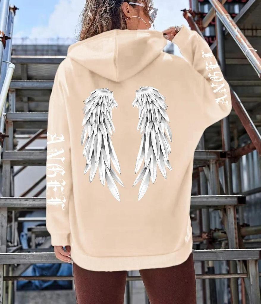 Damen Fleece Hoodie mit Engelsflügel-Print - Lockerer Casual Herbst Pullover mit Taschen