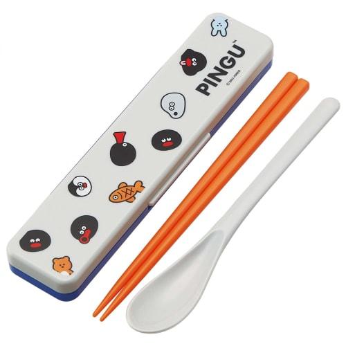 Skater Chopsticks and Spoon Combo Set, 18cm, Antibacterial, Bento Box, Adult Size, Silent Silicone Cushion, Made In Japan, Pingu CCS3SAAG-A