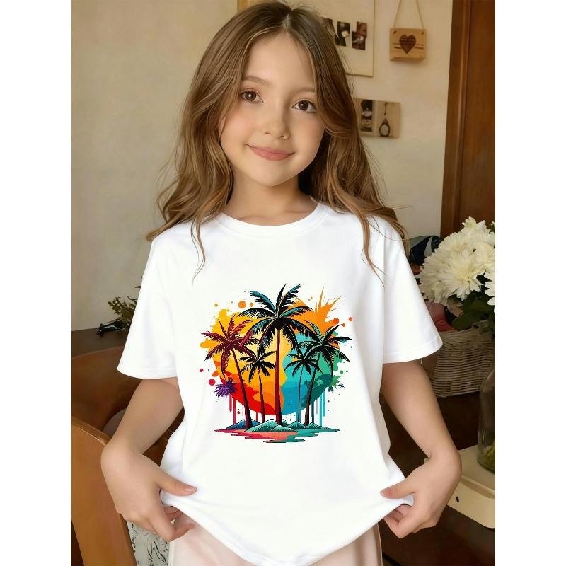 European sizes A Printed Design Featuring a Sunset, Coconut Trees, And a Beach. This Girls T-Shirt Has a Short-Sleeve Crew Neck 110 белый