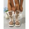 Damen Warme Faux Fur Fleece Gefütterte Faux Wildleder Klobiger Absatz Plateau Schlupfstiefel Schnürung Runde Zehenpartie Mid-Calf Winter Schneestiefel
