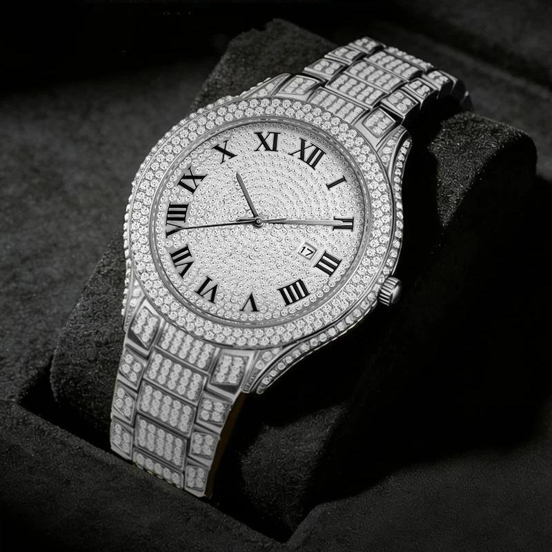 Full Diamond Men Quartz Watch Roman Numerals Date Function Bling Zinc Alloy Bracelet Iced Out Hip Hop Luxury Wristwatch