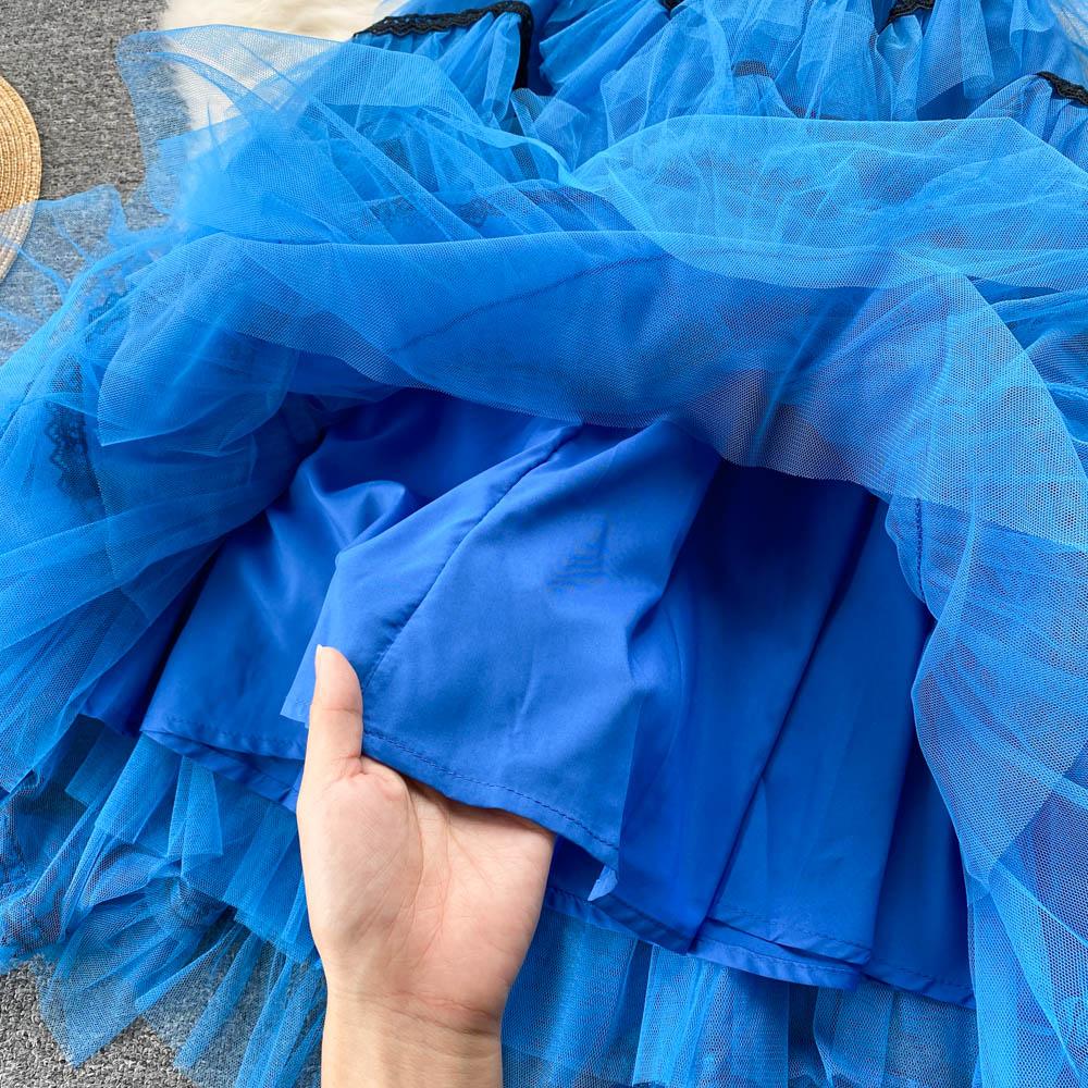 Sweet Temperament Two-Piece Suit V-Neck Knitted Top Blue Cake Skirt Mesh High Waist Retro Tutu Skirt
