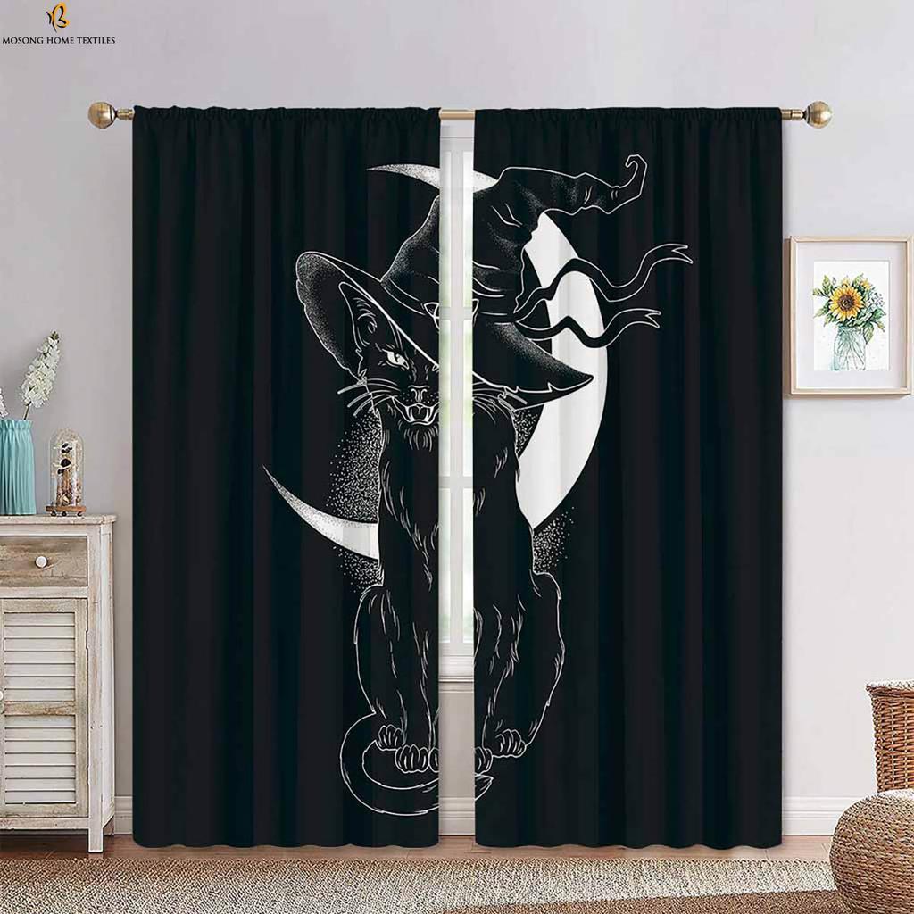 Set Of 2 Cat Animal Pattern Decorative Curtains Cartoon Cute Boys Girls Bedroom Children Room Polyester Fiber Printing Curtain For Made