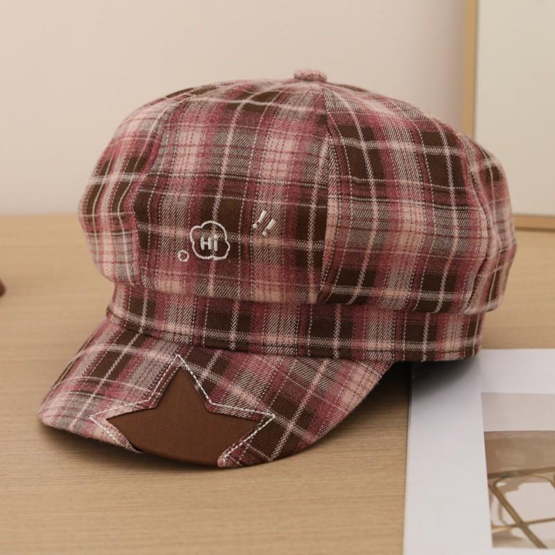 Japanese Style Vintage Plaid Octagonal Beret Hat Women - Wide Brim Sun Protection Cap Adjustable Fit Fashion