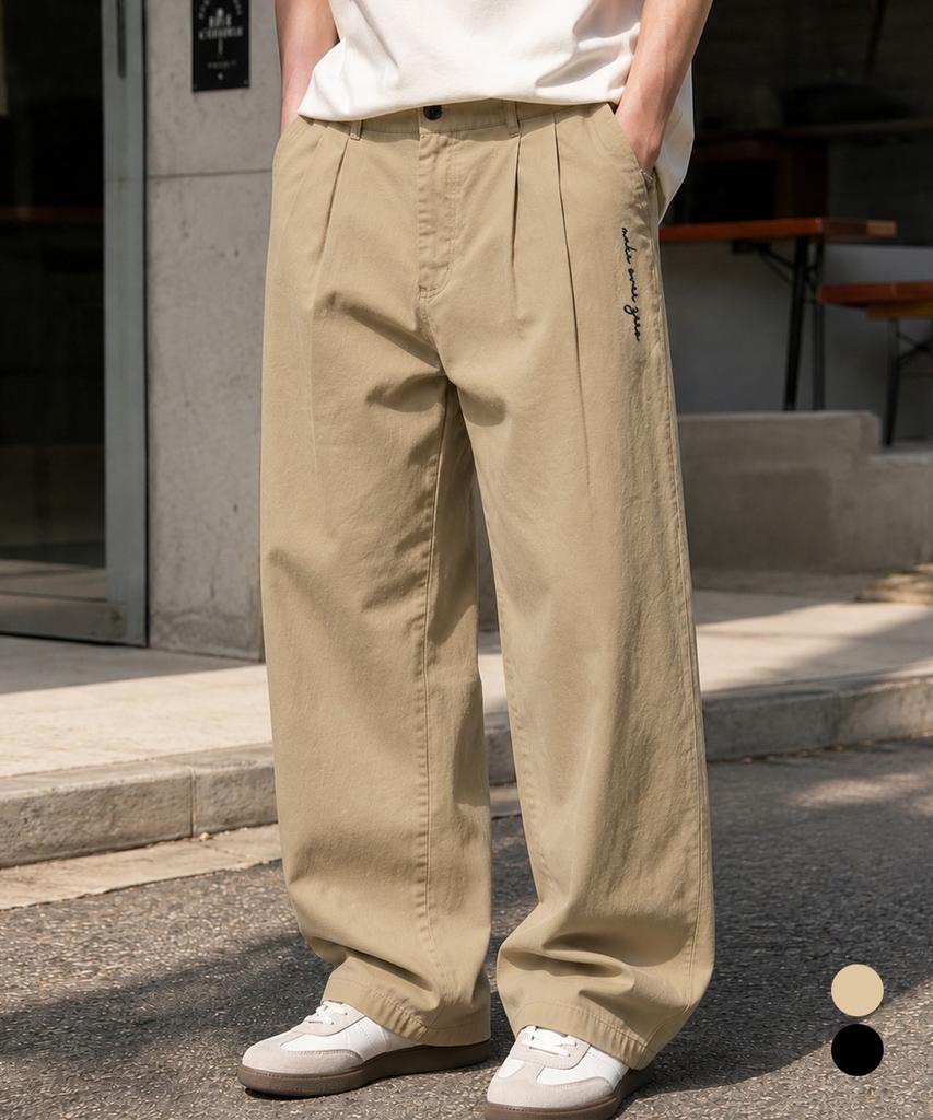 MOZMOZ Double-Pleat Wide Lettering Cotton Pants 2 Colors