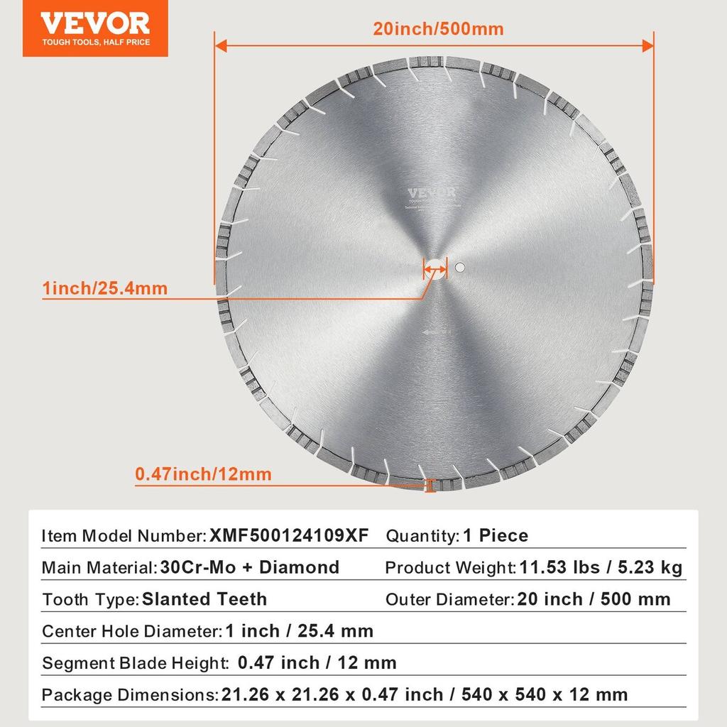 Diamond Blade 20inch Concrete Saw Blade Wet or Dry 0.47inch Slanted Teeth