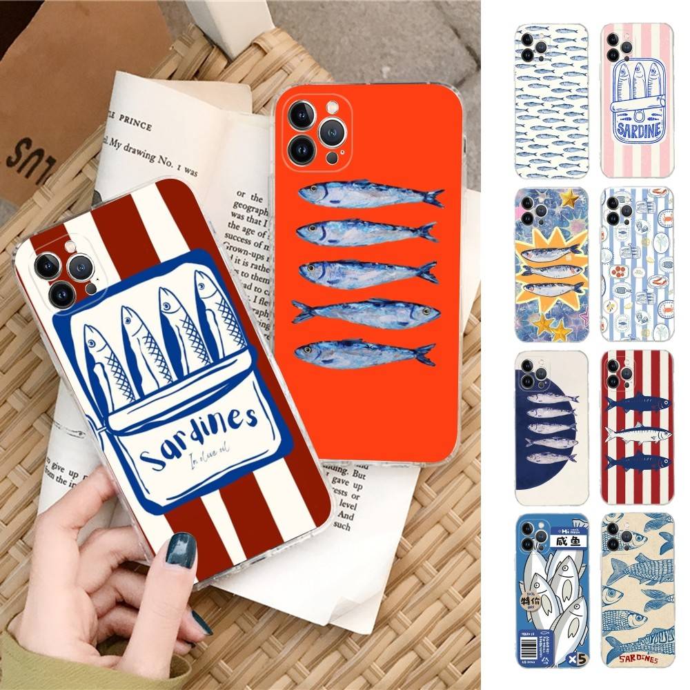 Sardines Retro Art Seafood For IPhone 17 16 15 14 13 12 Mini 11 Pro Max Transparent Case