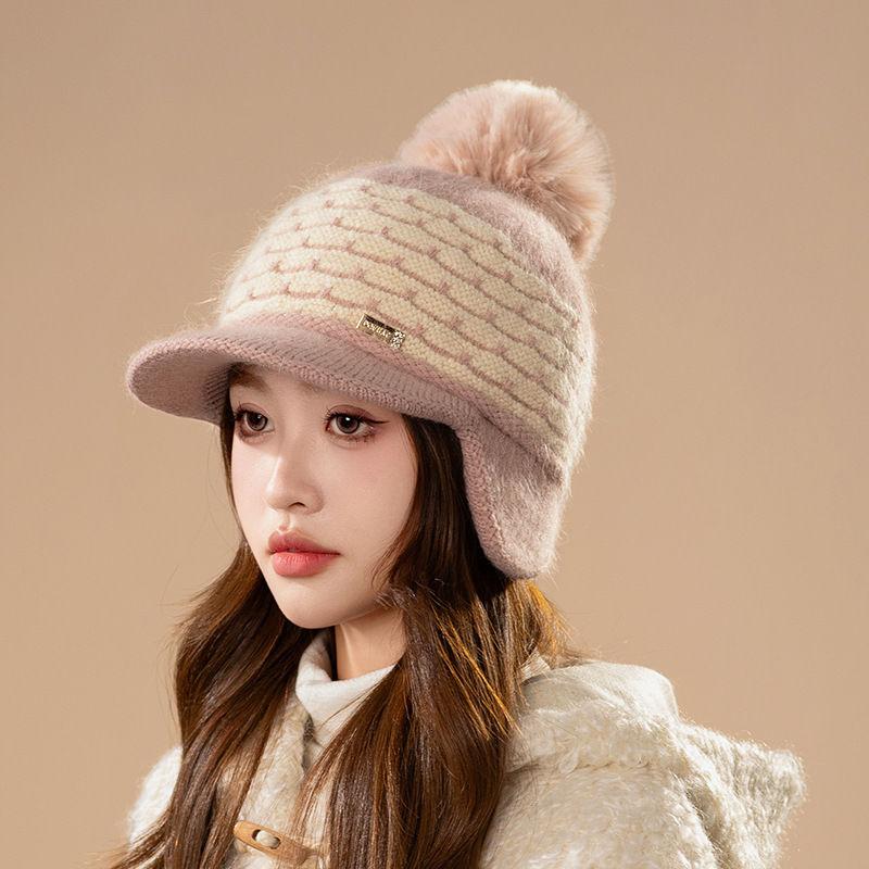 Winter Faux Rabbit Fur Fleece Thickened Ear Protectors Knitted Wool Hat Women Travel Outdoors Warm Fashion Hat Women