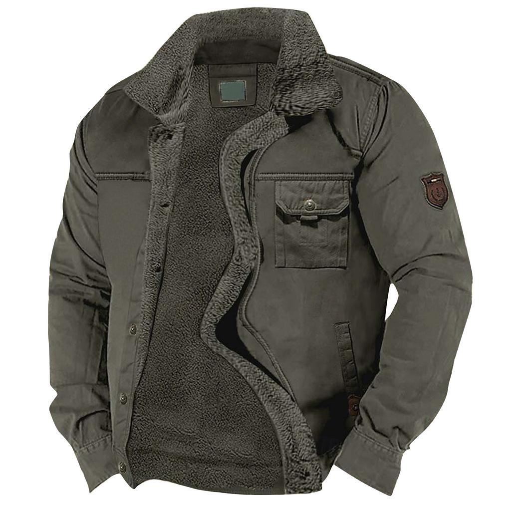Men's Solid Color Fleece Workwear Casual Loose Button Lapel Pocket Long Sleeve Jacket Shirt