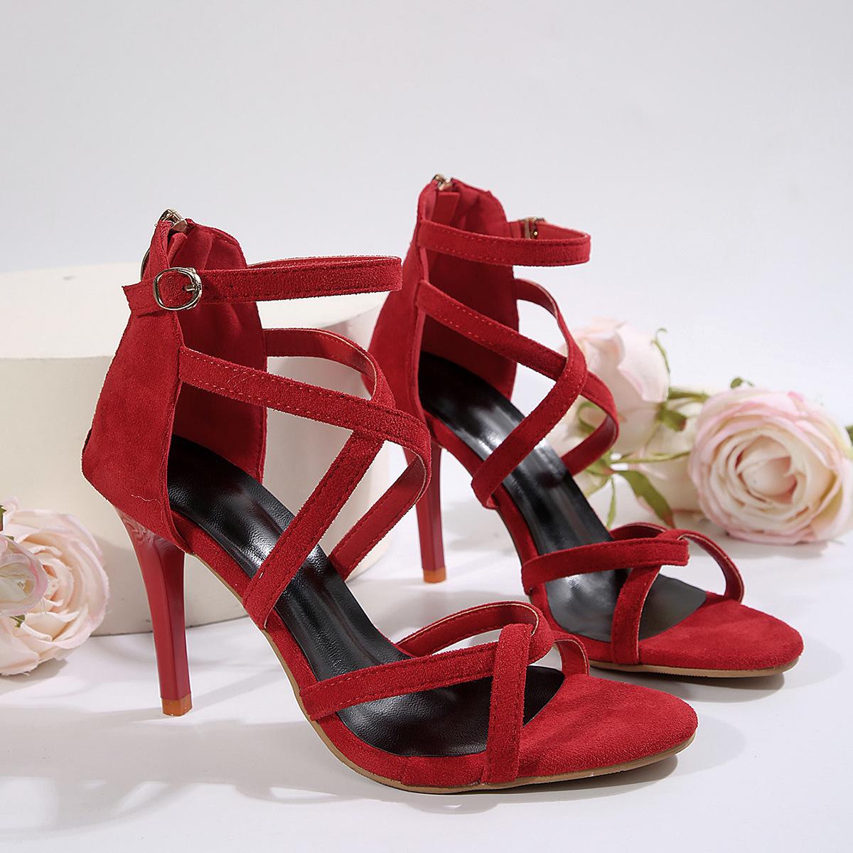 

2025 новые большого размера на тонком каблуке босоножки на высоком каблуке модные универсальные верхняя одежда молния супер высокий каблук босоножки 43 красный