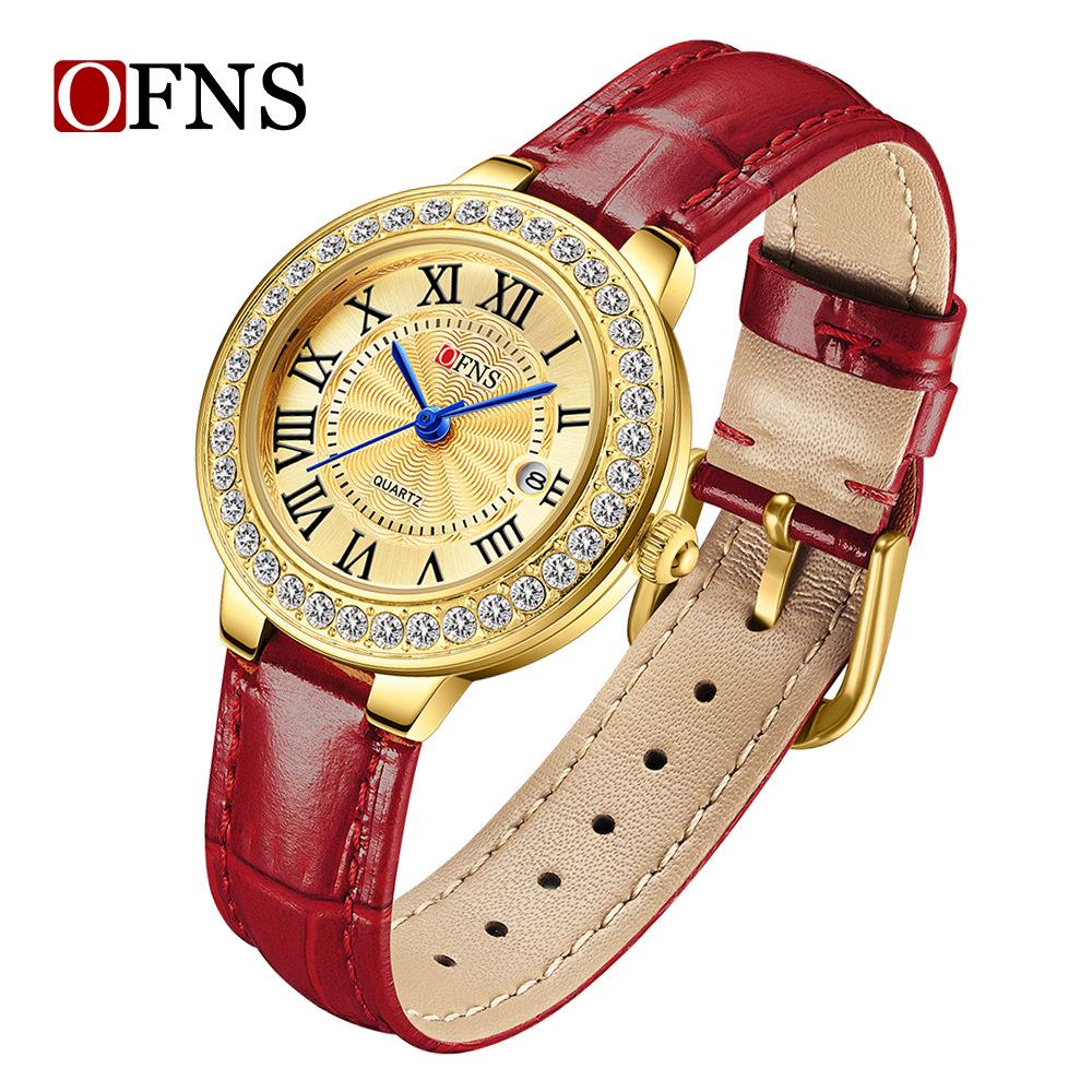 OFNS Women's Luxury Watch: Round Diamond-Inlaid, Versatile Ins Style, Calendar, 30M Waterproof