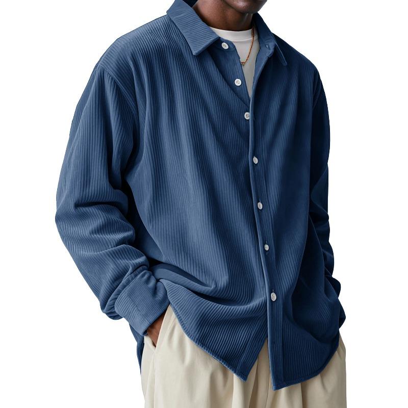 Men's European Corduroy Shirt, Men's Loose Trend Long Sleeve Solid Color Lapel Shirt