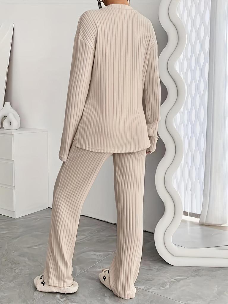 2025 European/American Autumn/Winter Striped Casual Set: V-neck Long-Sleeve Top & Straight-Leg Pants.