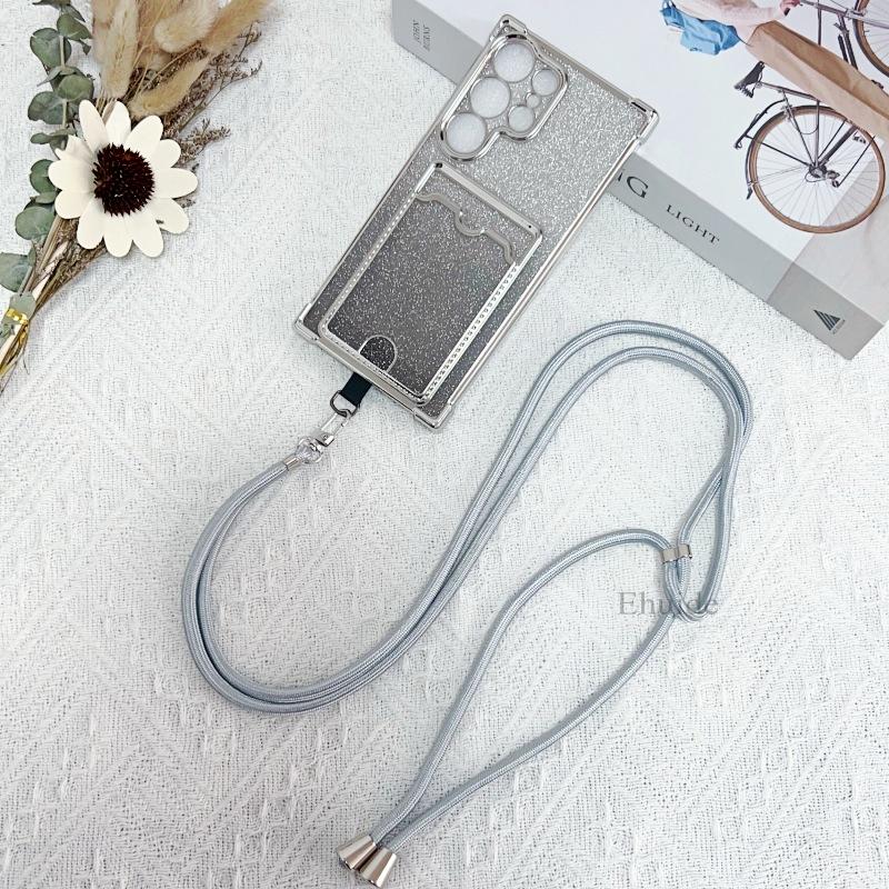 

Shockproof Lanyard Card Case For Samsung Galaxy S25 Ultra S24 Plus S23 S22 A55 Crossbody Neck Strap Soft Plating Glitter Cover Galaxy S25 Ultra