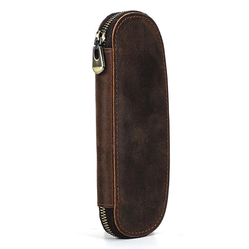 Handmade Retro Crazy Horse Leather 2-Pen Oval Zipper Case for Fountain Pens 2-Pen