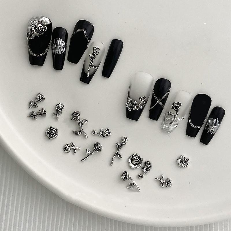 10Pcs 3D Rose Nail Art Ornament Alloy Nail Art Charms Diy Craft For Nail Decoration Silver Retro Flower Nail Charm Jewelry Salon