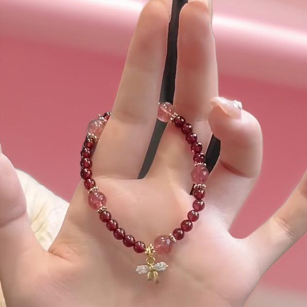 Gold-Plated Natural Garnet Flower Bracelet: Korean Design, Light Luxury, Versatile Crystal Bead