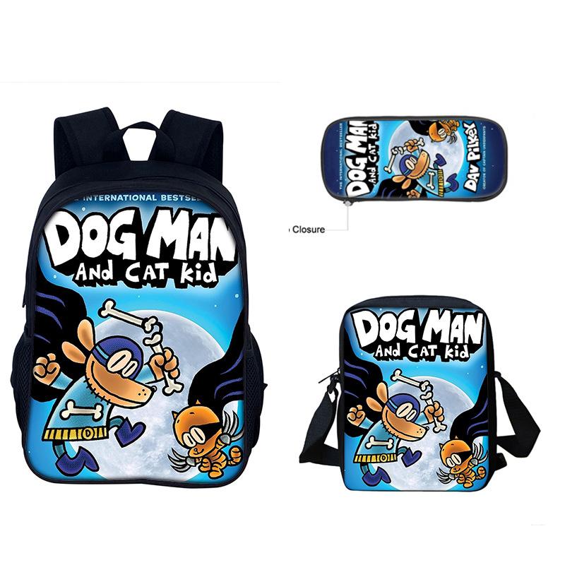Dog Man 3-delige Set Jongen Grappige Cartoon Schooltas met Schoudertas Etui Spel Print Rugzak Waterdicht Kinder Boolbag
