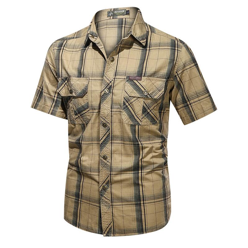 Army Shirt Men Fashion Military Short-sleeve Tops Casual Top Male Lapel Plaid Work Shirts Summer