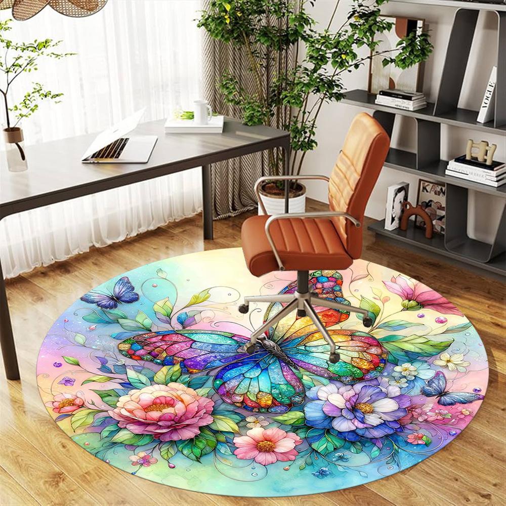 1 stuks Vlinder Bloemen Ronde Stoelmat kantoor Vloerkleed - Antislip, Vloermat voor Kantoor, Slaapkamer, Ideaal woondecoratie cadeau c0112001