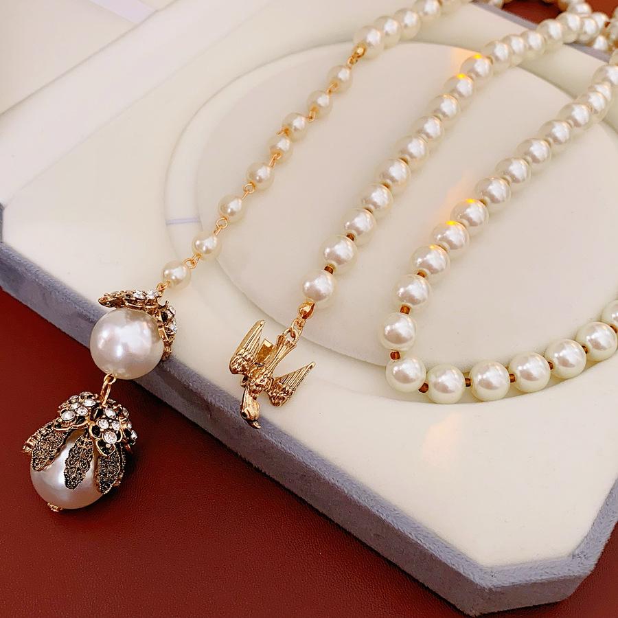 Цветок Птица Жемчуг Ретро Легкая Роскошь Регулируемое Ключичное Ожерелье белый/золотой