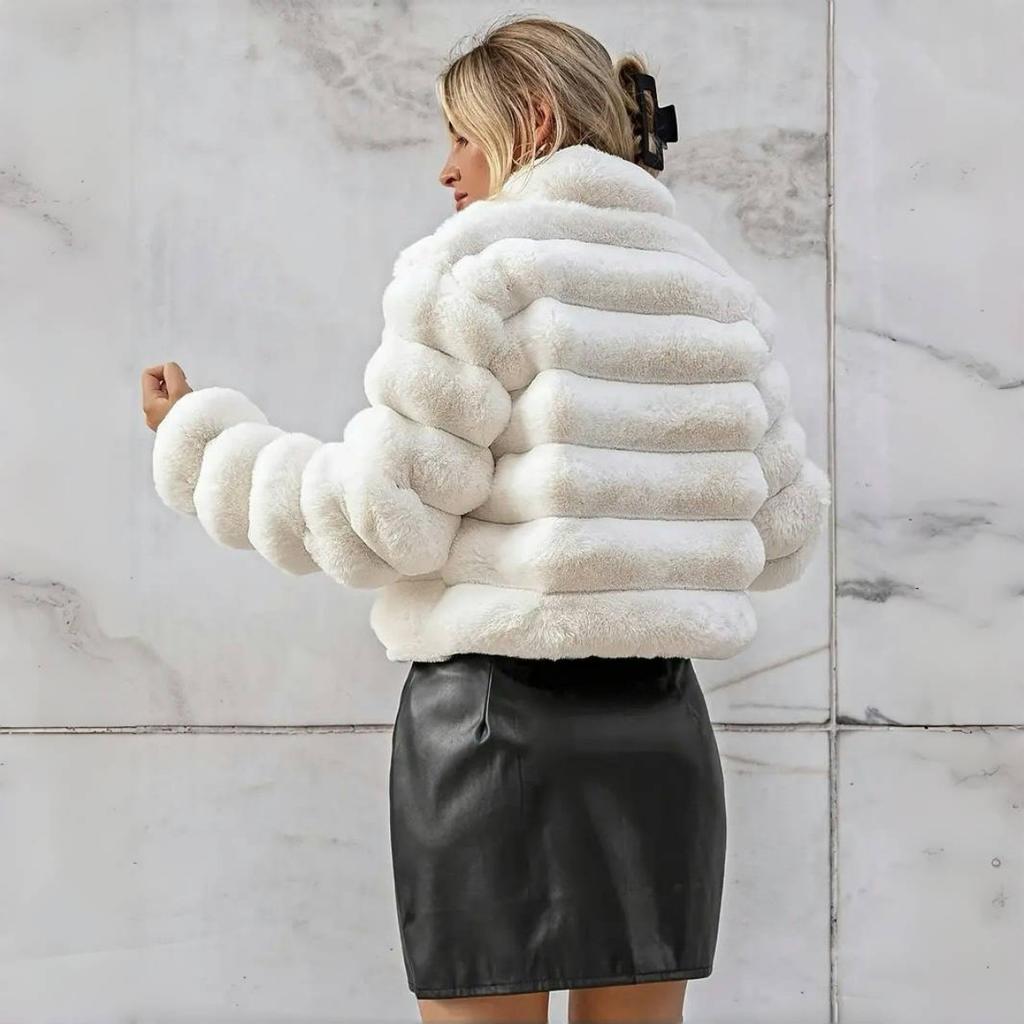 VAYLA Faux Fur Women Coats Stand Collar Full Sleeve Short Coat Thick Warm Solid Temperament Elegant Splice Autumn Winter