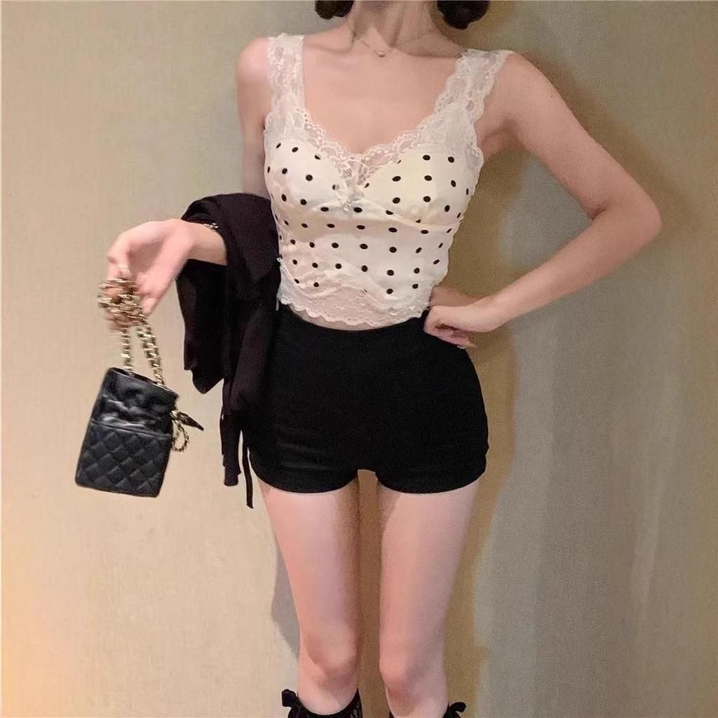 Women's French Polka Dot Lace Camisole - Summer Slim-Fit Sleeveless Top