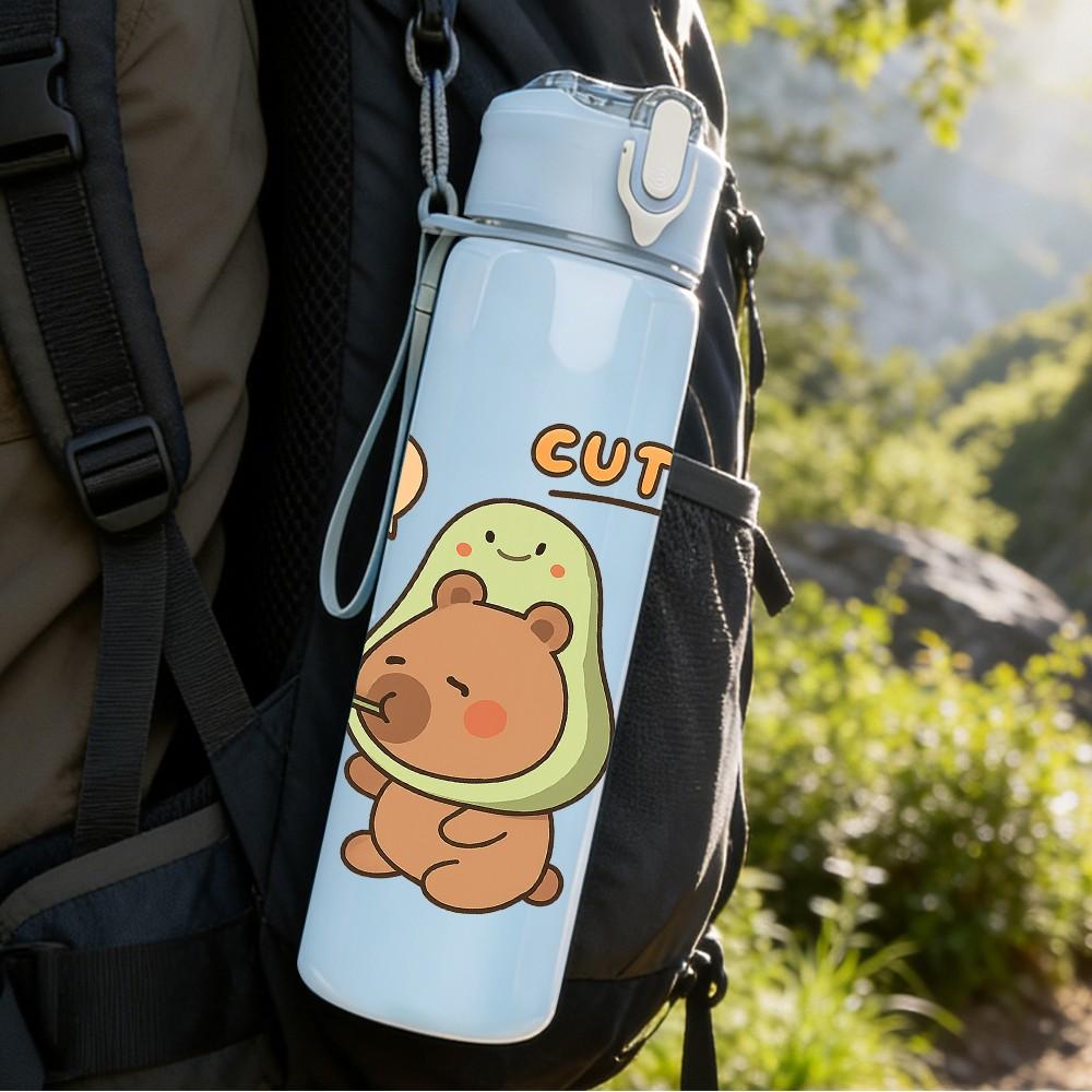 1PC Bear Avocado Cute Cartoon 750ml Color Plastic Sports Water Bottle Leakproof Flip Straw Lid Suitable for Sports Office Home Use