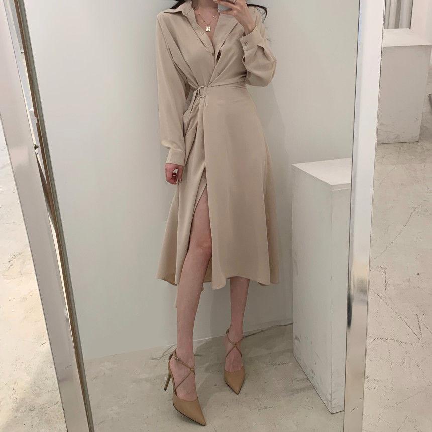 Office Ladies Black Shirt Dresses Women Korean Kpop Fashion Wrap Belt Dress Vintage Elegant Split Solid Spring