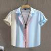 Men's Contrast Patchwork Short Sleeve Shirt Casual Lapel Button Down Top for Daily Commute Vacation