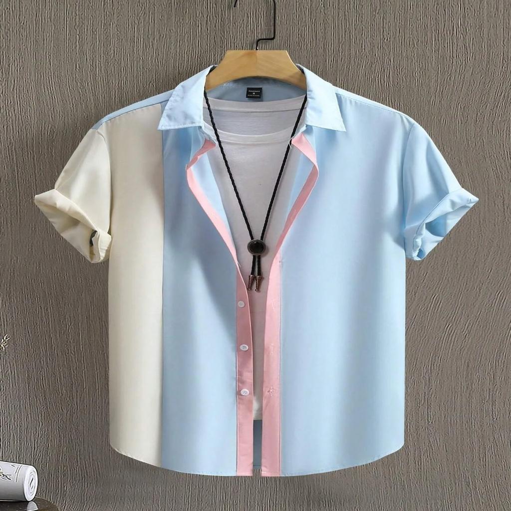 Men's Contrast Patchwork Short Sleeve Shirt Casual Lapel Button Down Top for Daily Commute Vacation