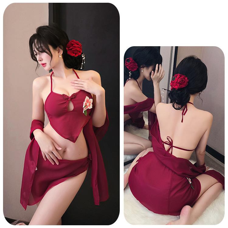 Green Antique Embroidery Hanfu Set Chinese Style Bellyband Traditional Sex Costume Sexy Lingerie Retro Erotic Pajamas Temptation