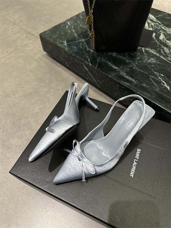 

2025 новая весенне-летняя французская сумка с открытой пяткой, одинарная обувь, атласные сандалии с бантом, простая модная обувь на высоком каблуке 39 синий