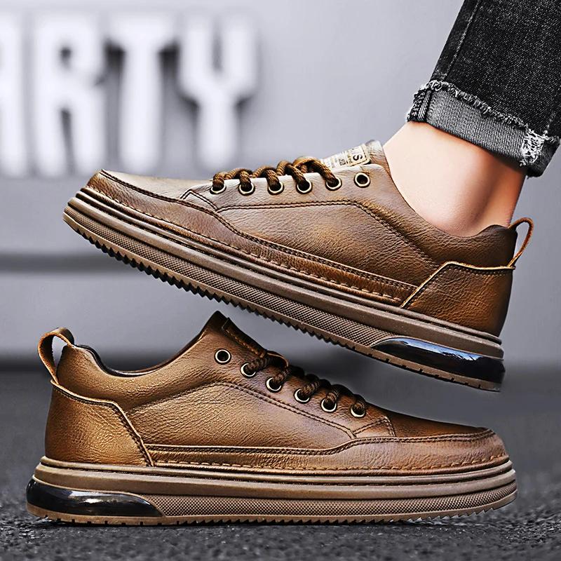 Fashion Genuine Leather Men Casual Shoes Non-Slip Leisure Walk Sneakers Fashion Driving Walking Tennis Shoes for Man Outdoor Skate Flats