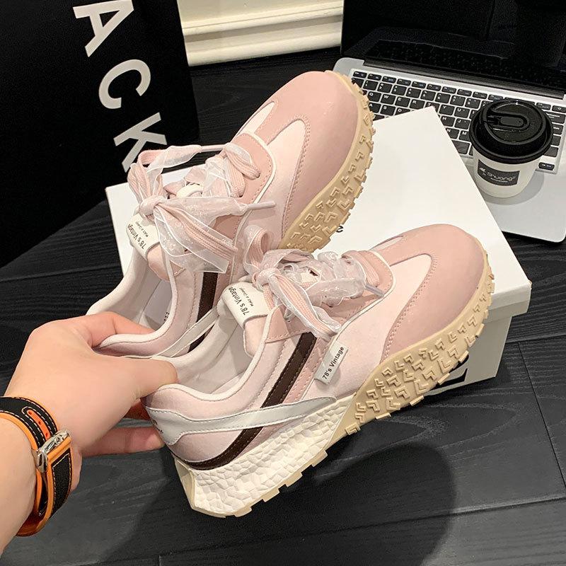 Dexun women's spring new thick-soled versatile color matching ribbon heightening dad shoes Forrest Gump ballet sneakers women