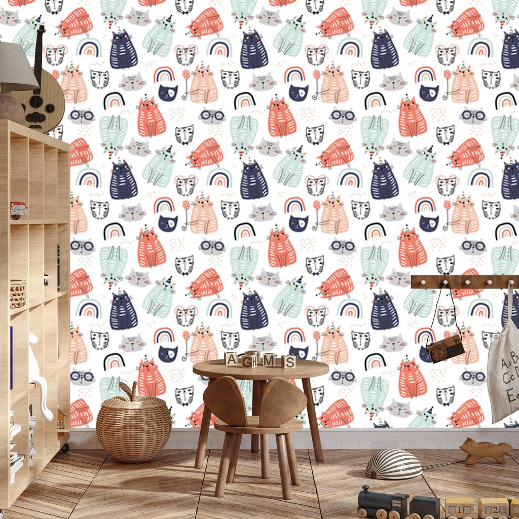 Colorful Kittens Wallpaper In Scandinavian Style for Living Room and Bedroom 50x1000