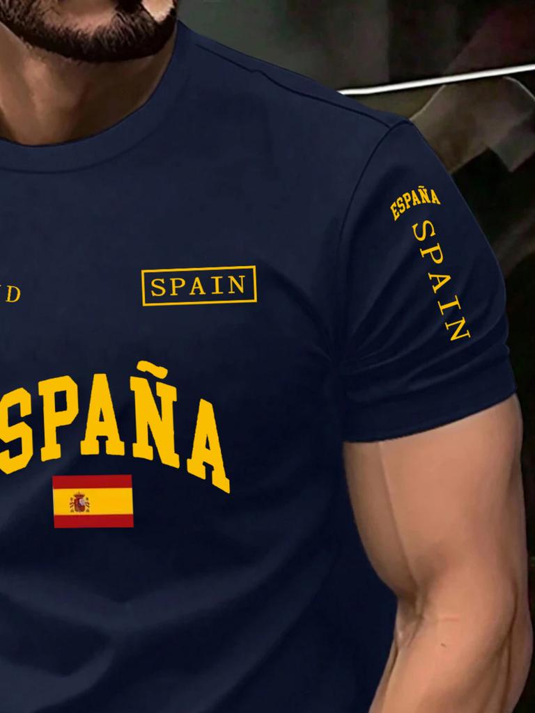 Printed Design - Not Textured Spanish Flag Pattern Short Sleeve T-Shirt for Men, Couples Casual Trendy Versatile Summer Top