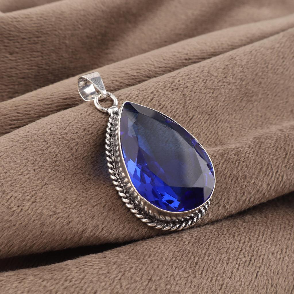 Blue Sapphire Gemstone Silver Pendant 1.8" , 925 Sterling Silver Jewelry, Partywear Pendant, Valentine's Day Gift For Wife PP-65-6