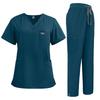 Women's Short Sleeved Solid Color V Neck Pocket Top Pants Work Clothes Two Piece Set